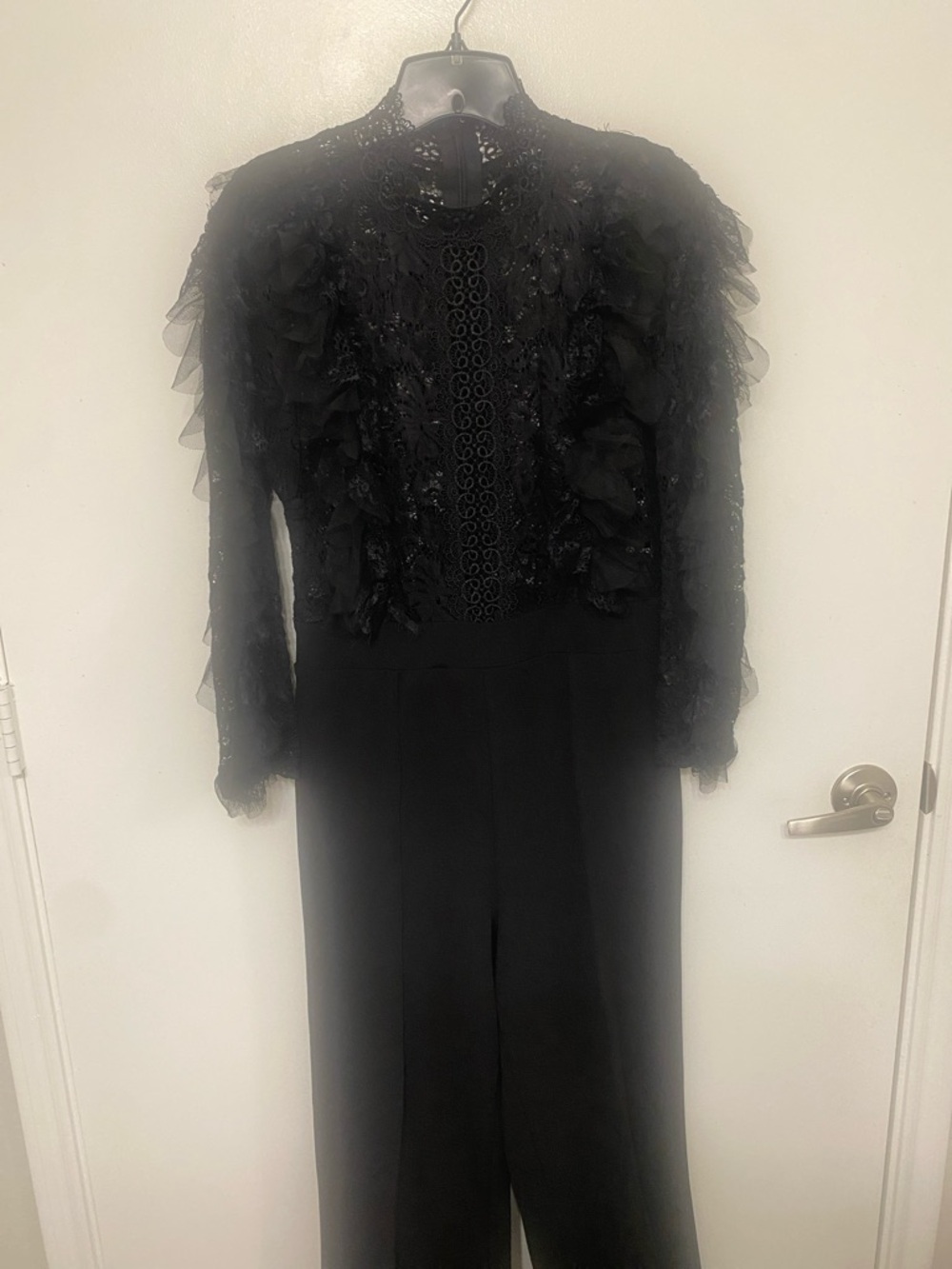 Fashion Nova Black Lace & Ruffle Long-Sleeve Jumpsuit